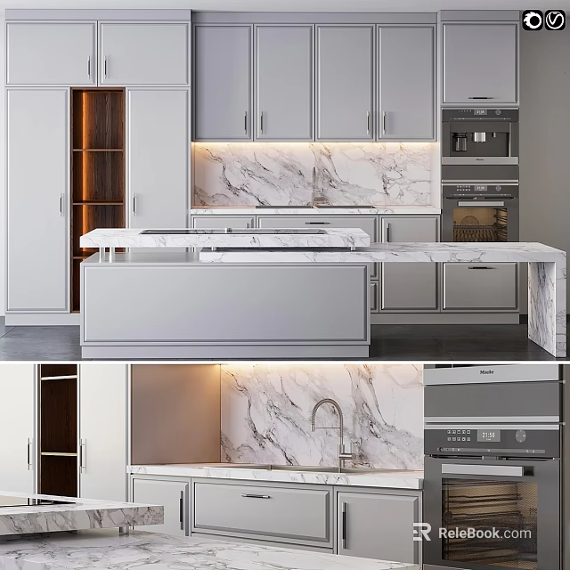Modern Kitchen Interior With Marble Countertop And Stylish White Cabinets 3d model