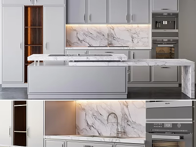 Modern Kitchen Interior With Marble Countertop And Stylish White Cabinets 3d model