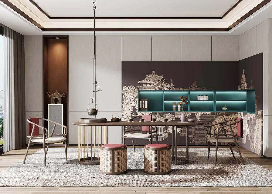 Modern Tea Room Interior Featuring Wooden Tables Traditional Artworks And Warm Lighting 3d model 