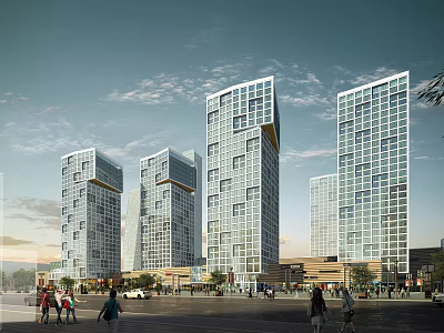 Modern High Rise Apartment Buildings With Glass Facades And Urban Street Activity 3d model