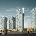 Modern High Rise Apartment Buildings With Glass Facades And Urban Street Activity