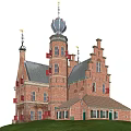 Red Brick Detached Villa With Spire Tower Gray Roof And Green Lawn