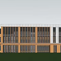 Modern School Building With White And Brown Exterior Large Glass Windows Lawn And Shrubs