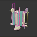 White Mechanical Structure With Blue Components And Cylindrical Support Rods