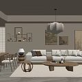 Modern Living Room Interior Design With Beige Sofa Wooden Coffee Table And Pendant Light