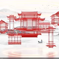 Chandelier With Neon Glow Over Red Traditional Chinese Architecture In Mountain Water Scene