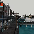 3D Rendered Waterfront Marina Scene With Boats And Buildings On Blue Water