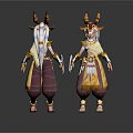 Fantasy Horned Creature Characters With White Long Hair Yellow Brown Outfits Holding Items