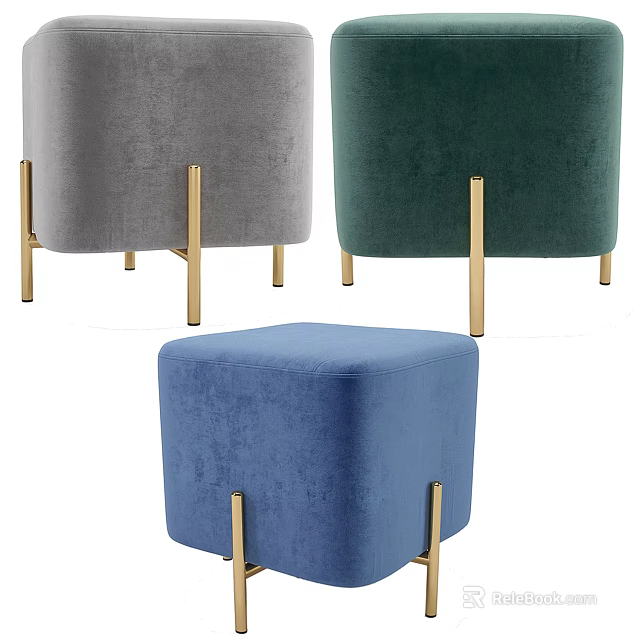 Square Velvet Stools in Gray Green Blue with Modern Gold Legs Design 3d model 
