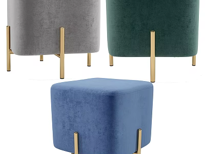 Square Velvet Stools in Gray Green Blue with Modern Gold Legs Design 3d model