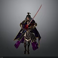 A Man Standing in Ornate Golden Armor With Purple Cape Wielding Red Sword