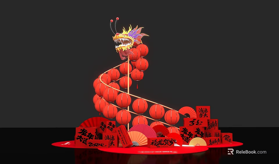 Vibrant Spring Festival Photo Spot With Dragon Decoration Red Lanterns Folding Fans And Fu Characters 3d model 
