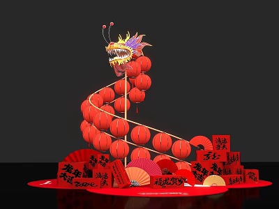 Vibrant Spring Festival Photo Spot With Dragon Decoration Red Lanterns Folding Fans And Fu Characters 3d model