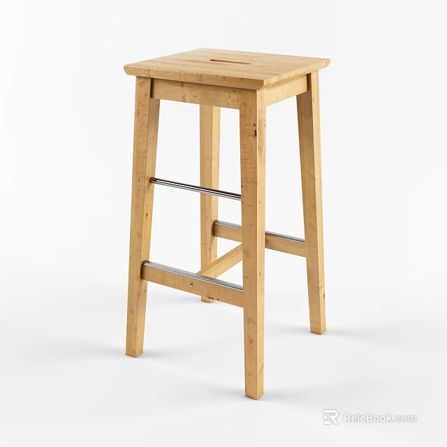 Stylish Natural Wood Bar Stool with Square Seat and Metal Footrest 3d model 