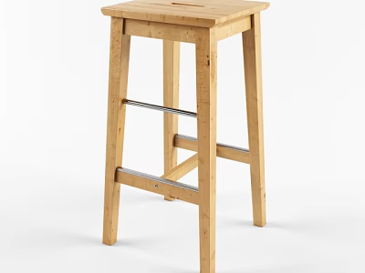 Stylish Natural Wood Bar Stool with Square Seat and Metal Footrest 3d model