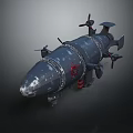 Military Torpedo Weapon Featuring Multiple Propellers Metallic Surface Red Emblem And Worn Texture 3d model