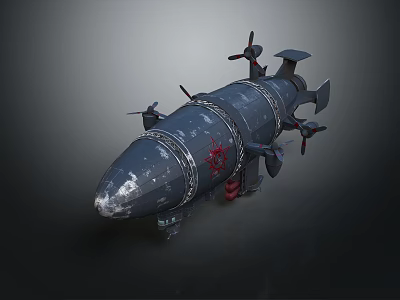 Military Torpedo Weapon Featuring Multiple Propellers Metallic Surface Red Emblem And Worn Texture 3d model
