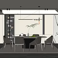 Modern Restaurant Interior With Round Dining Table Grey Chairs Pendant Lights And Decorative Plant