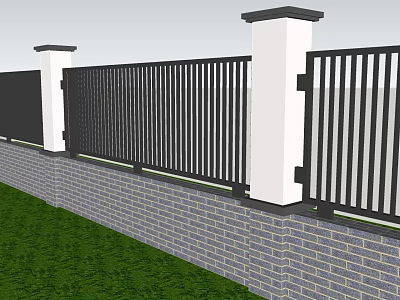 Modern Garden Landscape With Black Railing White Pillars Brick Wall And Green Grass 3d model