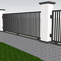 Modern Garden Landscape With Black Railing White Pillars Brick Wall And Green Grass