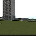Modern High Rise Residential Entrance Gate With Wooden Canopy Spacious Striped Pavement And Lawn