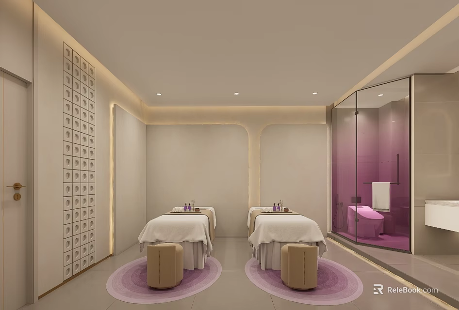 Relaxing Beauty Salon Interior With Modern Design Comfortable Massage Beds Decorative Walls And Round Rugs 3d model 