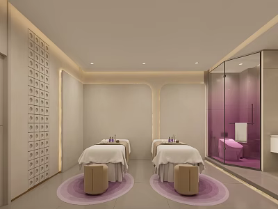 Relaxing Beauty Salon Interior With Modern Design Comfortable Massage Beds Decorative Walls And Round Rugs 3d model