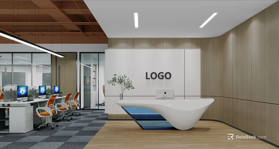 Modern Curved White Office Reception Desk With Brand Logo Wall And Elegant Corporate Interior Design 3d model 