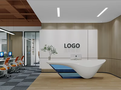 Modern Curved White Office Reception Desk With Brand Logo Wall And Elegant Corporate Interior Design 3d model