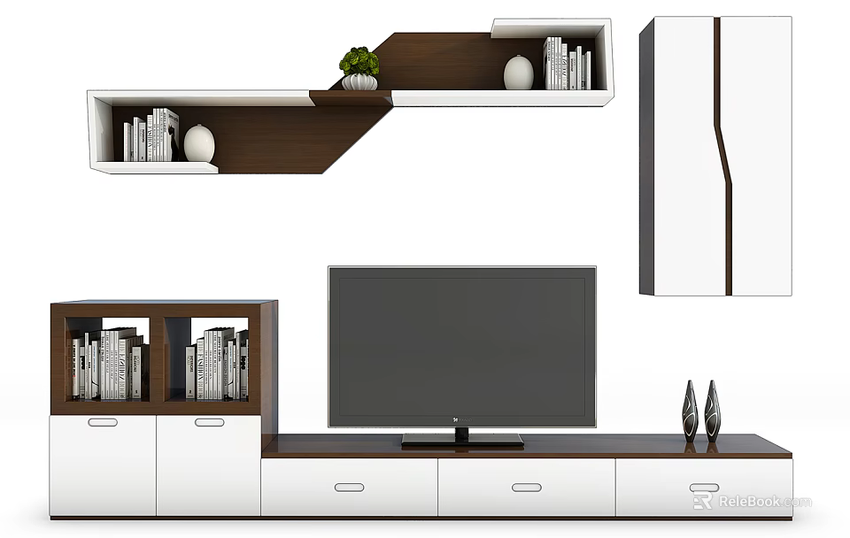 Modern TV Background Cabinet Design With White Brown Bookshelves Storage And Decorative Items 3d model 