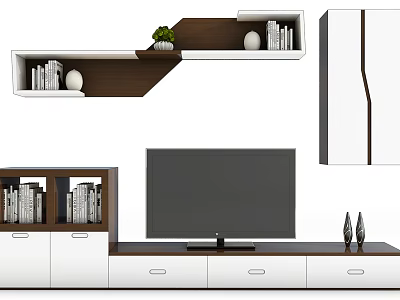 Modern TV Background Cabinet Design With White Brown Bookshelves Storage And Decorative Items 3d model