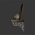 Wooden Shelf With Silver Teapot And Two Golden Plates On