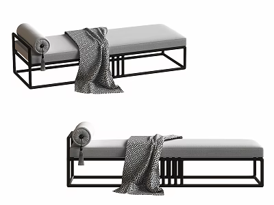 Modern Minimalist Sofa Bench With Black Metal Frame Gray Cushion And Rolled Blanket 3d model