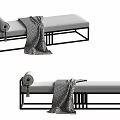 Modern Minimalist Sofa Bench With Black Metal Frame Gray Cushion And Rolled Blanket