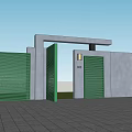 Modern Entrance Gate With Green Roller Shutters And Gray Walls On Paved Ground