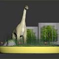 Dinosaur Model On Circular Display Base With Grassland Small Trees And Red Flowers