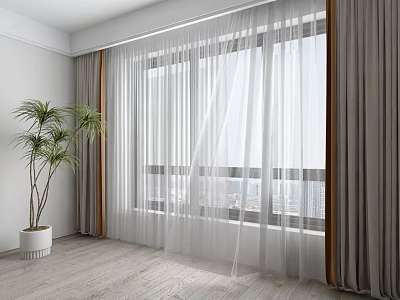 White Sheer And Gray Thick Curtains For Living Room With City View And Indoor Plant 3d model