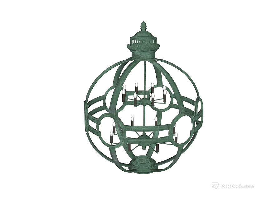 Green Spherical Metal Chandelier With Ornate Frame And Multi tier Candle Holder Design 3d model 