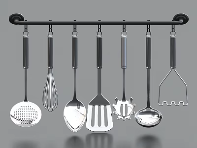 Stainless Steel Kitchen Utensils Hanging On Black Rack 3d model