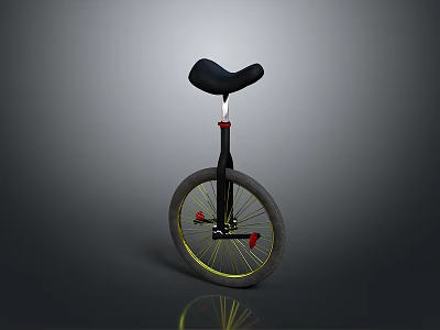 Stylish Unicycle with Black Seat Yellow Spokes and Red Pedals 3d model