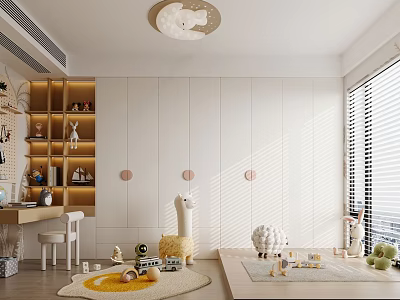 Kids Room Interior With Toy Shelves Stuffed Animals Study Desk Play Rug And Window Blinds 3d model