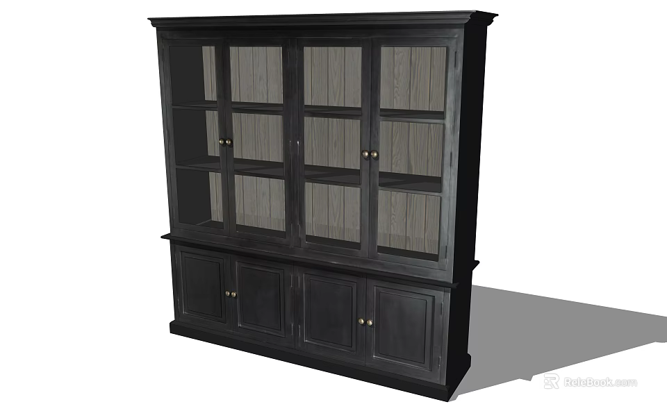 Tall Dark Wood Bookcase With Glass Panel Doors And Lower Cabinet Storage Units 3d model 