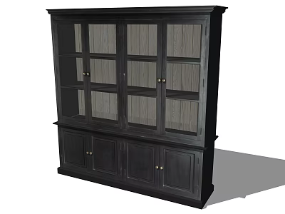 Tall Dark Wood Bookcase With Glass Panel Doors And Lower Cabinet Storage Units 3d model