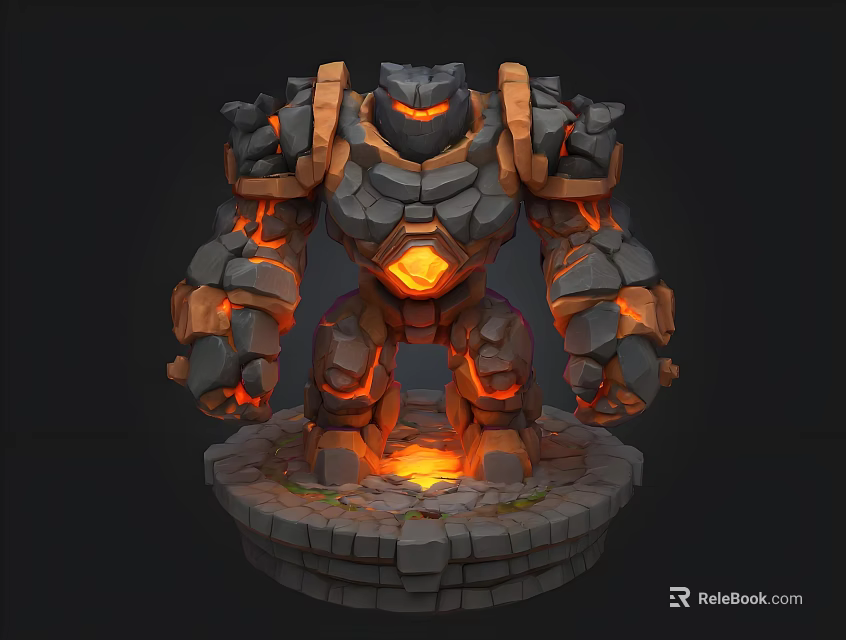 Mythical Stone Giant With Lava Like Glowing Core Standing On Circular Stone Pedestal 3d model 