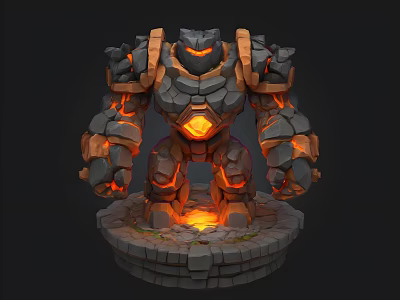 Mythical Stone Giant With Lava Like Glowing Core Standing On Circular Stone Pedestal 3d model