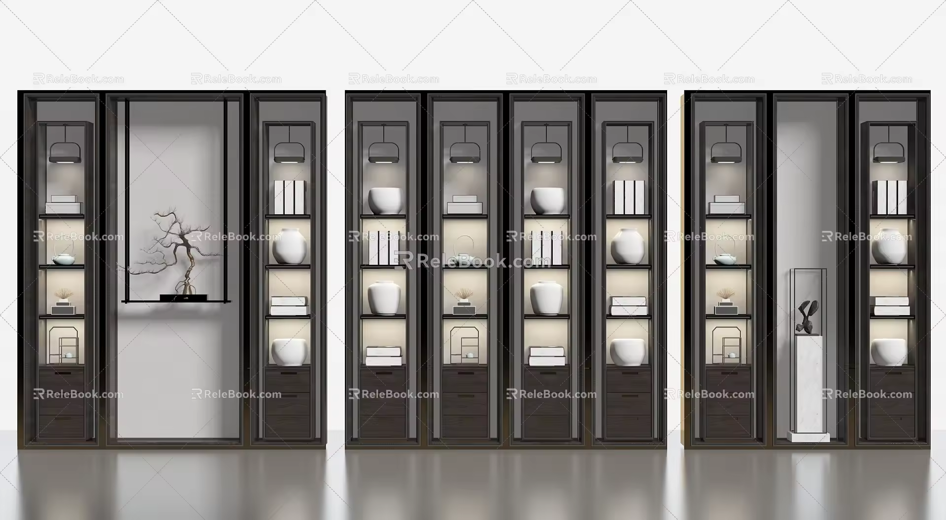 New Chinese-style Storage Rack Bookshelf Background Wall 3d model
