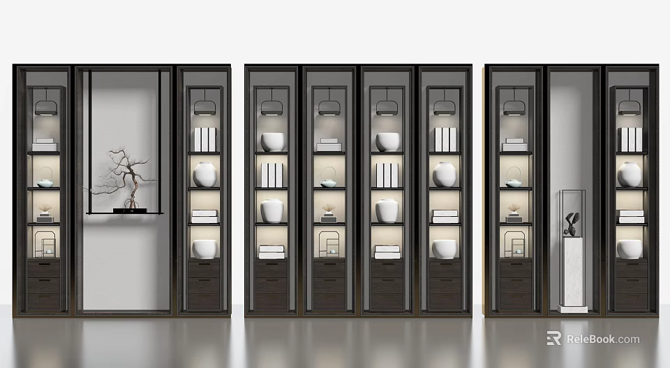 Modern Bookcase Interior Design With Glass Doors Books Decorative Bowls And Lighting 3d model 