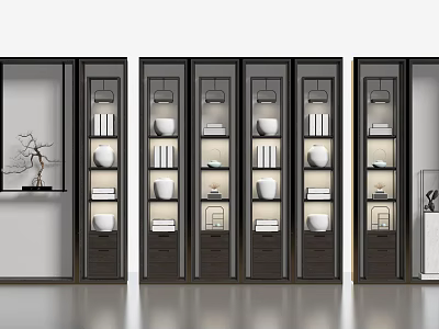 Modern Bookcase Interior Design With Glass Doors Books Decorative Bowls And Lighting 3d model