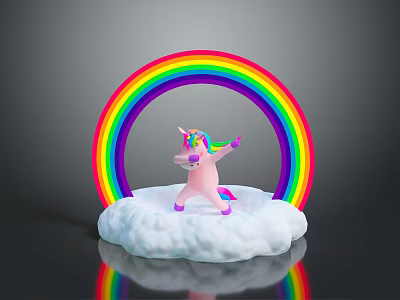 Playful Pink Unicorn Dancing On Fluffy Cloud With Bright Colorful Rainbow Arch 3d model