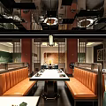 Elegant Modern Restaurant Interior With Wooden Counter Hanging Lamps Green Plants And Seating Areas